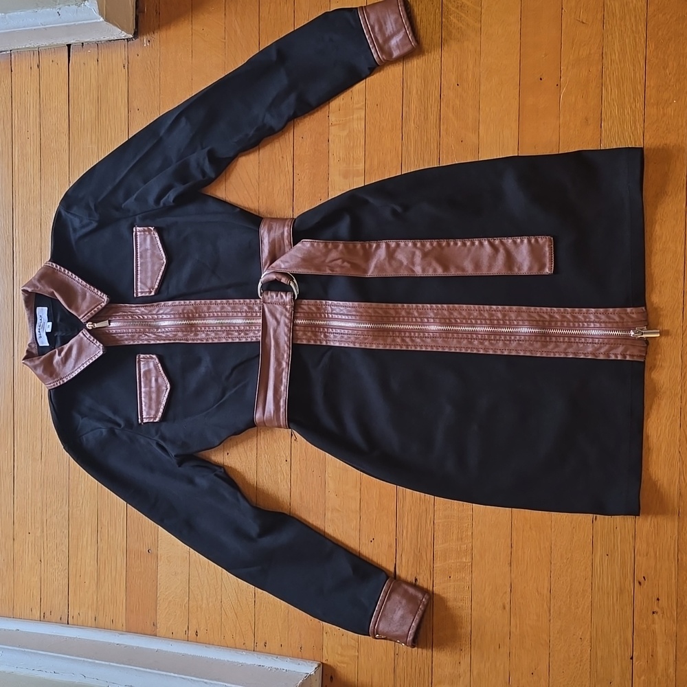 Derek Lam Collective, Black Ponte Sheath Shirtdress Leather-Look Trim, GUC, 2